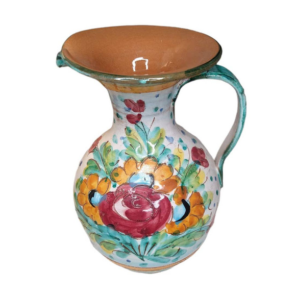 Vintage Hand Painted Pitcher Flowers Pottery Jug Floral Carved Mexico? Italy? - Picture 4 of 8